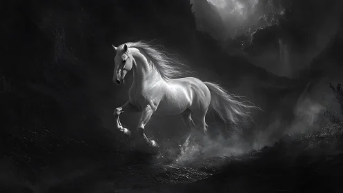Silver stallion storms through misty monochrome canyon.