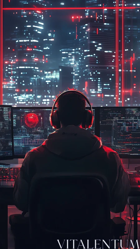 Solitary hacker monitors neon skyline through multi-screen rig