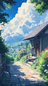 Sunlit rural lane beside cottage under towering clouds.