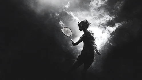 Silhouette tennis player in smoky monochrome lighting swings racket