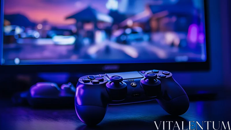Game controller on desk before screen in low blue light.