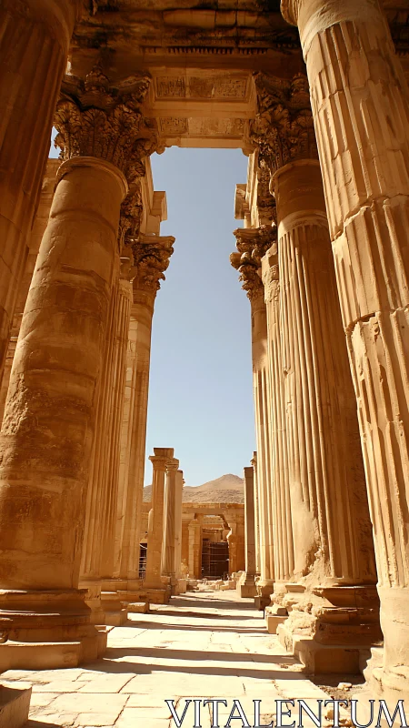 Sunlit sandstone colonnade with Corinthian capitals and axial vista