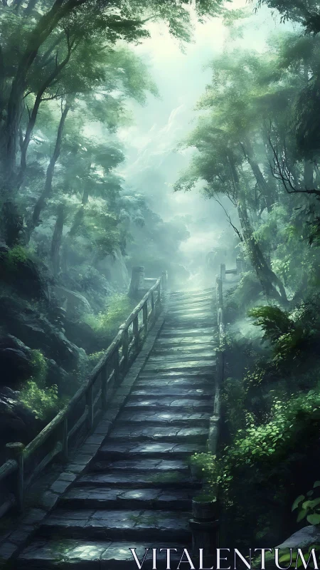 Misty Forest Bridge Path Through Ancient Woods.