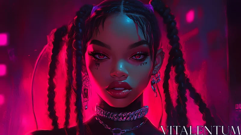 Neon-bathed cyber girl portrait in electric magenta glow.