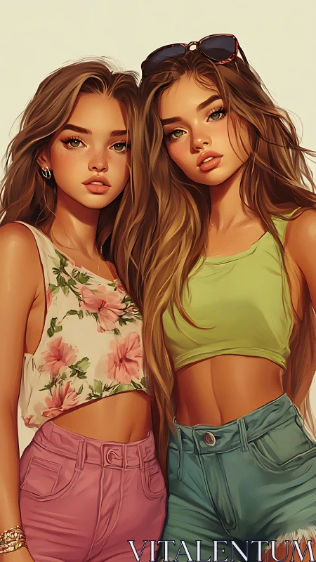 Stylized twin girls rendered with soft lighting and warm palette