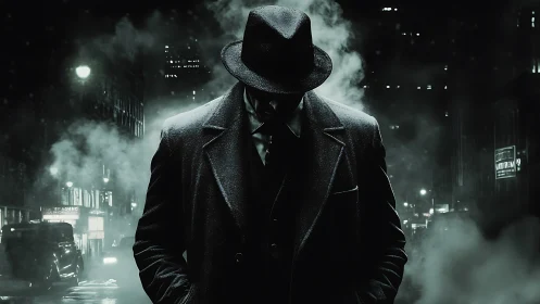 Shadowed detective in noir city fog on rain-slick street.