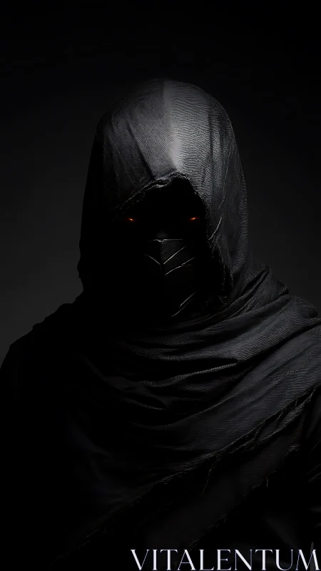 Shadowed wanderer with ember eyes in quiet darkness.