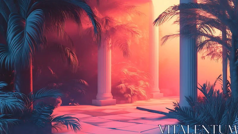 Neon jungle colonnade bathed in surreal magenta haze.