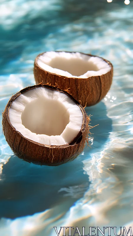 Sunlit coconut halves drifting in bright blue ripples.