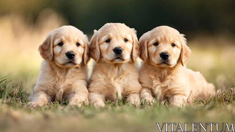 Golden retriever puppies rest on sunlit meadow grass.