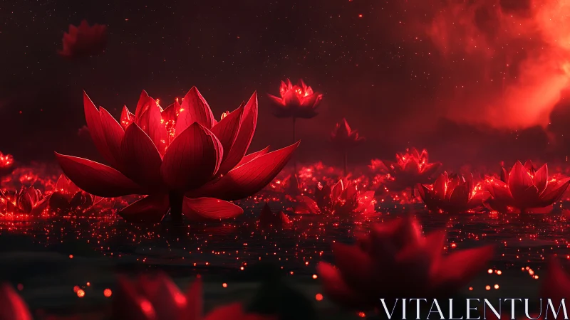 Red lotus field over dark reflective water at night.