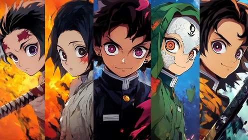 Parallel anime hero portraits amid elemental backdrops.