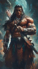 Storm-scarred barbarian stalks the misty mountain pass.