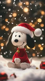 Snowy beagle in Santa hat basking in glowing yuletide magic.