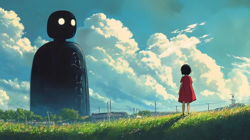 Girl in red meets a gentle giant under a summer sky.