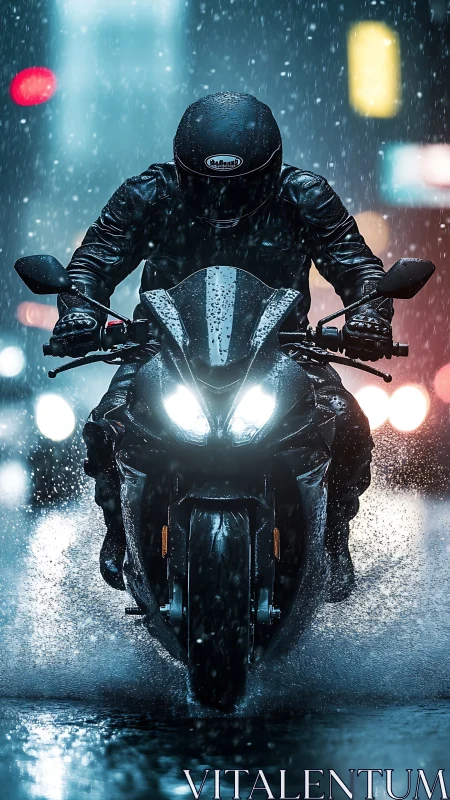 Motorcyclist cuts through neon city rain at night in motion.