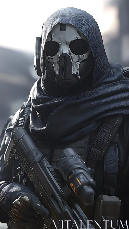 Masked tactical operative holds rifle in urban warfare zone.