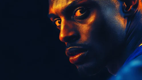 Vivid neon portrait with intense sidelight and gaze.