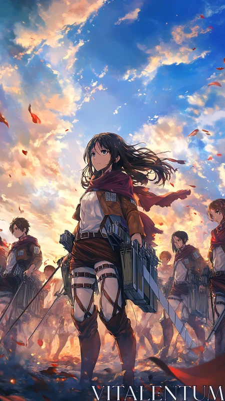 Heroic anime squad advances beneath blazing evening sky.
