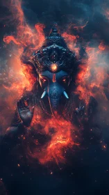 Flame-wreathed Ganesha unfolds serenity in molten night