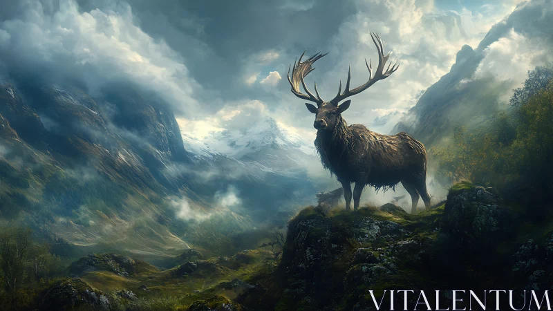 Majestic stag overlooking misty alpine valley at dawn.