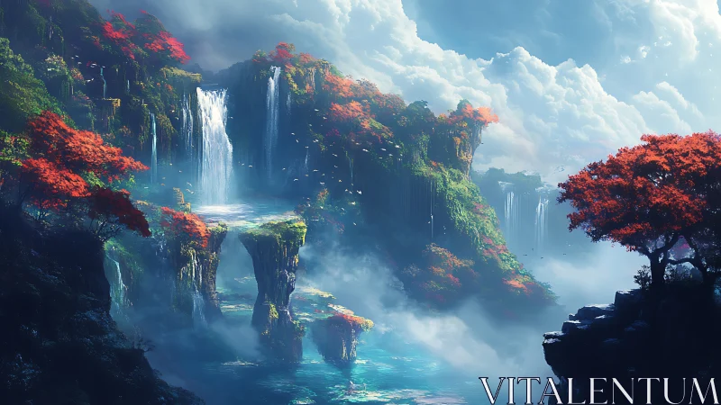 Digital landscape shows tiered waterfalls and red-leaf trees