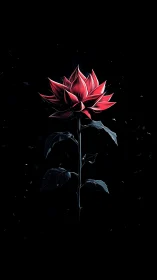 Red lotus bloom with dark foliage on black background.