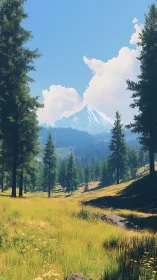 Conifer forest clearing with distant snow covered mountain peak.