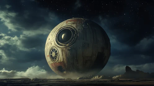 Stranded steel moon pod brooding under a restless alien sky.