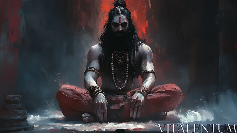 Seated ascetic figure is depicted in frontal symmetrical composition