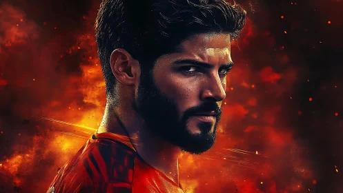 Fiery portrait frames intense bearded athlete in ember glow.