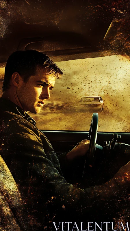 Brooding driver in dusty car chase under golden light.