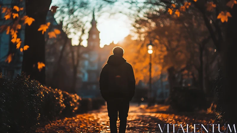 Backlit solitary figure on autumn city path at sunset.