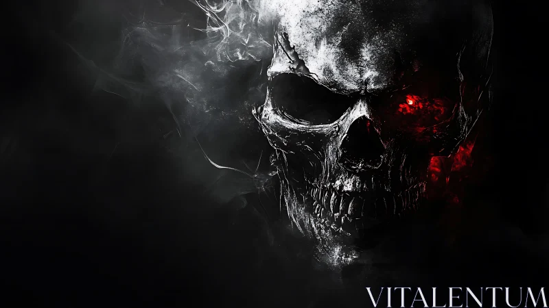 Smoky silver skull emerges from darkness with fierce red glow