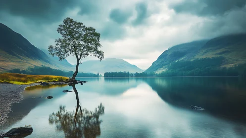 Photorealistic lakeside tree with mirrored alpine reflection.