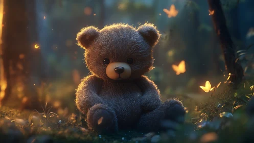 Digital painting of plush teddy bear in luminous forest glade.