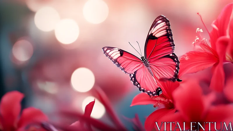 High-saturation macro butterfly on red petals with shallow depth