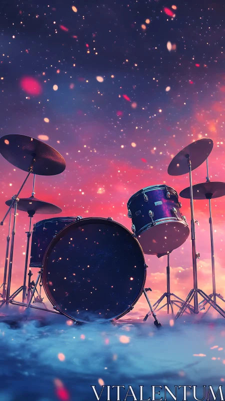 Drum kit under glowing cosmic sky on misty stage.