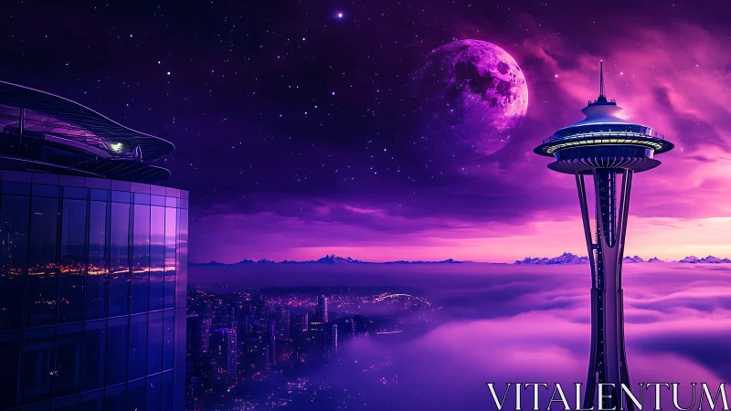 Neon-luminescent Seattle skyline under magenta exoplanet sky.