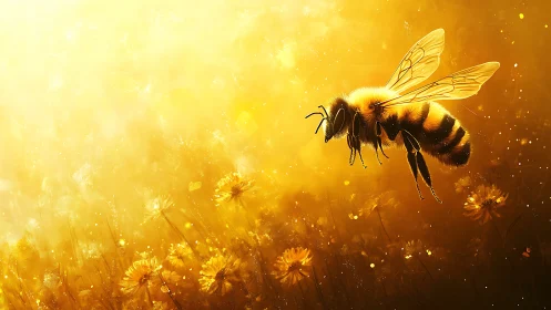 Honey bee in backlit golden field with flowering plants.