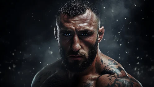 Storm-eyed warrior locked in a midnight grit stare.