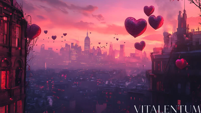 Cyberpunk Metropolis Sunrise with Suspended Heart Balloons Over Skyline.