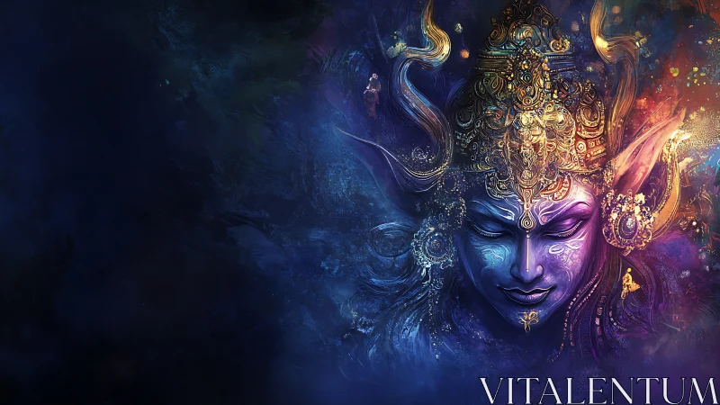 Divine blue deity portrait with ornate golden crown.