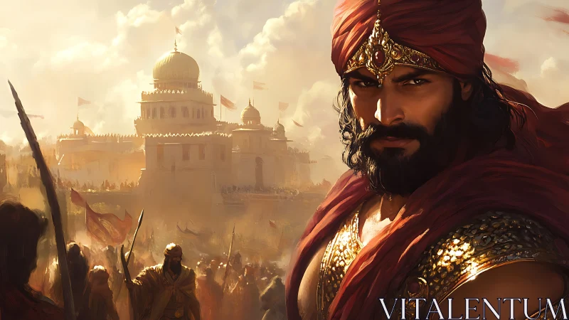 Armored warrior commands besieged sandstone citadel in golden haze