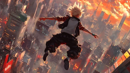 Neon‑lit freefall above sunset cyberpunk megacity skyline.