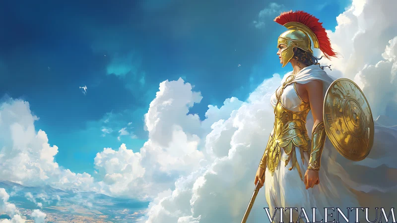 Armored female warrior stands in clouds under vivid sky