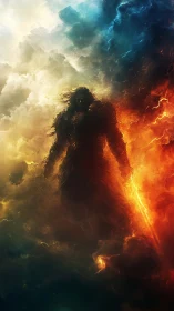 Armored figure stands in fiery and stormy cloud vortex