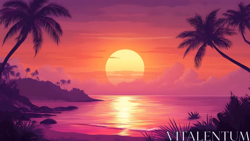 Gentle tropical sunset paints a peaceful palm-lined shore