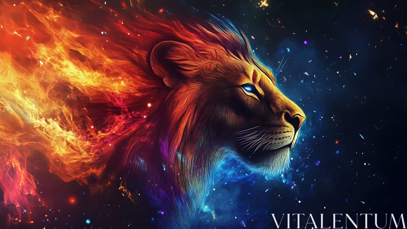 Cosmic fire lion profile with blazing dual-color mane.