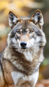 Gentle forest wolf gazing calmly with warm autumn eyes.